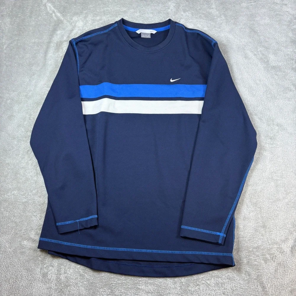 Nike Shirt Mens XL Long Sleeve Chest Stripe Athletic Navy Blue Stretch‎